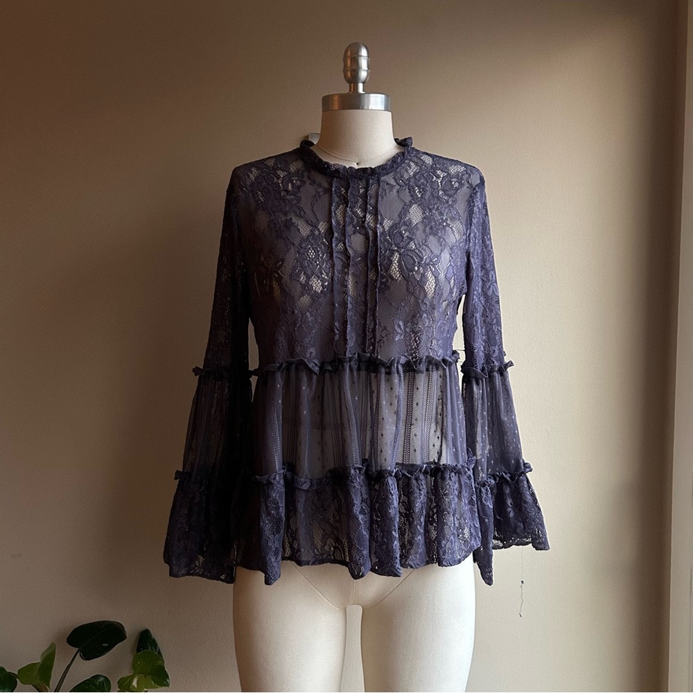 My Michelle Charcoal Lace Ruffle Long-Sleeve Blouse